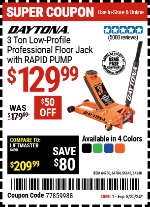 DAYTONA: 3 Ton Low-Profile Professional Floor Jack with RAPID PUMP