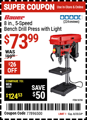 BAUER: 8 in., 5-Speed Bench Drill Press with Light