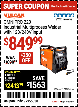 VULCAN: OMNIPRO 220 Industrial Multiprocess Welder with 120/240V Input