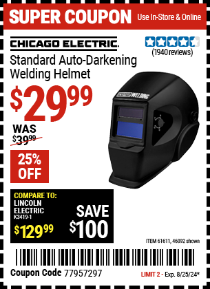 CHICAGO ELECTRIC: Standard Auto-Darkening Welding Helmet