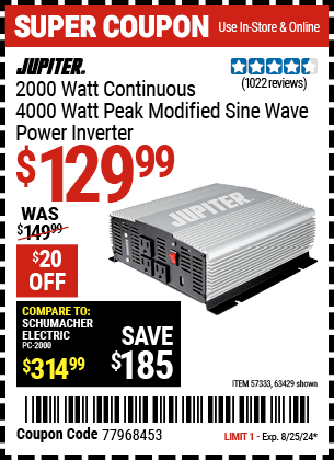 JUPITER: 2000 Watt Continuous/4000 Watt Peak Modified Sine Wave Power Inverter