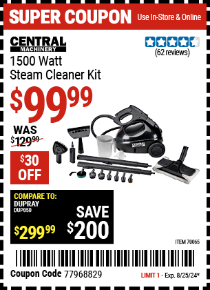 CENTRAL MACHINERY: 1500 Watt Steam Cleaner Kit 