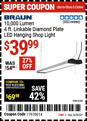 BRAUN: 10,000 Lumen, 4 Ft. Linkable Diamond Plate LED Hanging Shop Light