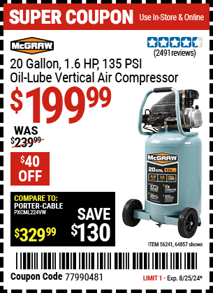 MCGRAW: 20 Gallon, 135 PSI Oil-lube Vertical Shop/Auto Air Compressor