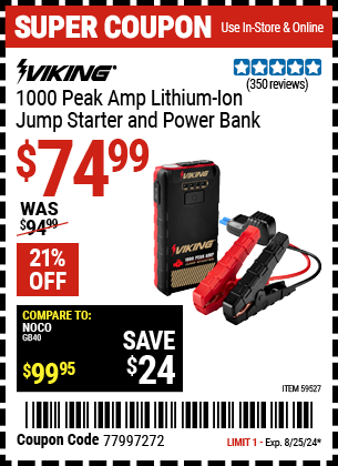 VIKING: 1000 Peak Amp Lithium-Ion Jump Starter and Power Bank