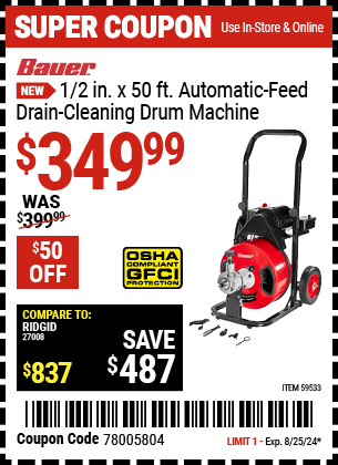 BAUER: 1/2 in. x 50 ft. Automatic-Feed Drain Cleaning Drum Machine