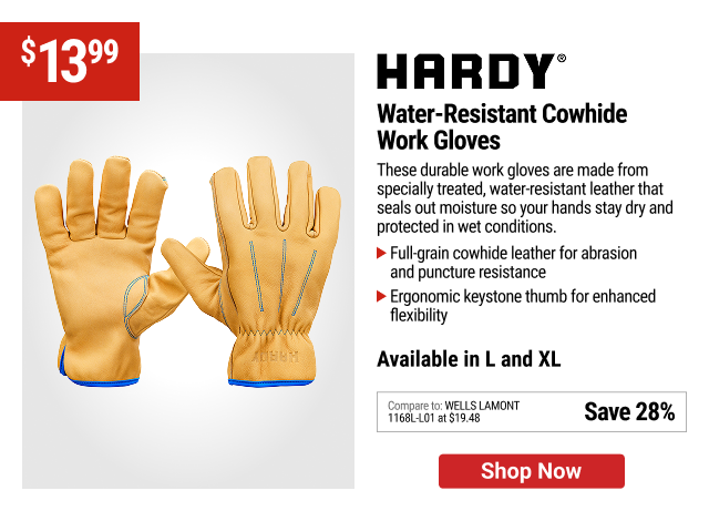HARDY Water-Resistant Cowhide Work Gloves, X-Large