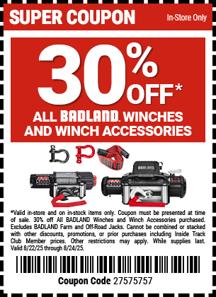 30% OFF All BADLAND Winches and Winch Accessories