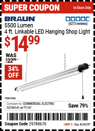 BRAUN 5500 Lumen, 4 ft. Linkable LED Hanging Shop Light
