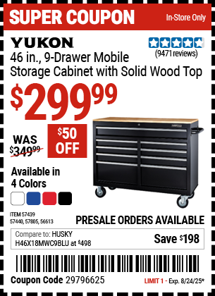 YUKON 46 in., 9-Drawer Mobile Storage Cabinet with Solid Wood Top