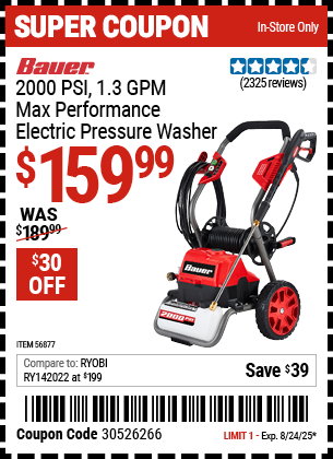 BAUER 2000 PSI, 1.3 GPM Max Performance Electric Pressure Washer