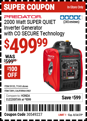 PREDATOR 2000 Watt SUPER QUIET Inverter Generator with CO SECURE Technology, EPA