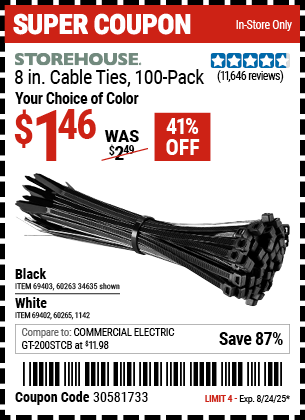 STOREHOUSE 8 in. UV-Resistant Black Cable Ties, 100-Pack