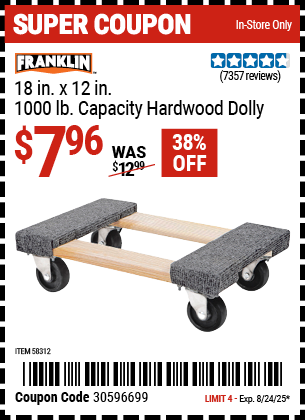 FRANKLIN 18 in. x 12 in., 1000 lb. Capacity Hardwood Dolly
