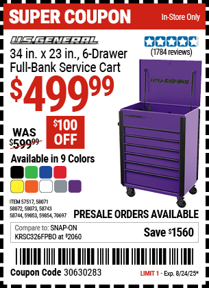 U.S. GENERAL 34 in. x 23 in., 6-Drawer Full-Bank Service Cart, Black