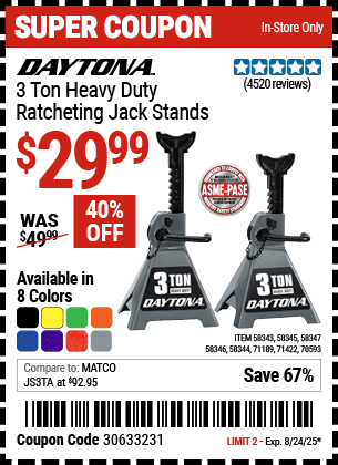 DAYTONA 3 Ton Heavy Duty Ratcheting Jack Stands