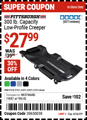 PITTSBURGH 300 lb. Capacity Low-Profile Creeper, Black