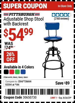 PITTSBURGH Adjustable Shop Stool with Backrest, Black