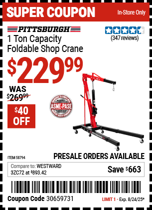 PITTSBURGH 1 Ton Capacity Foldable Shop Crane