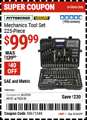 PITTSBURGH Mechanics Tool Set, 225-Piece