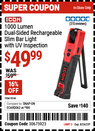 ICON 1000 Lumen Dual-Sided Rechargeable Slim Bar Light with UV Inspection