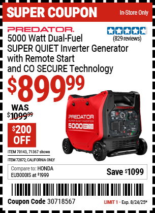 PREDATOR 5000 Watt Dual-Fuel SUPER QUIET Inverter Generator with Remote Start and CO SECURE Technology, EPA