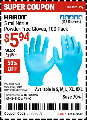 HARDY 5 mil Nitrile Powder-Free Gloves, 100-Pack, Medium, Light Blue