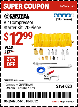 CENTRAL PNEUMATIC Air Compressor Starter Kit, 20-Piece