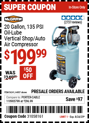 MCGRAW 20 Gallon, 135 PSI Oil-Lube Vertical Shop/Auto Air Compressor
