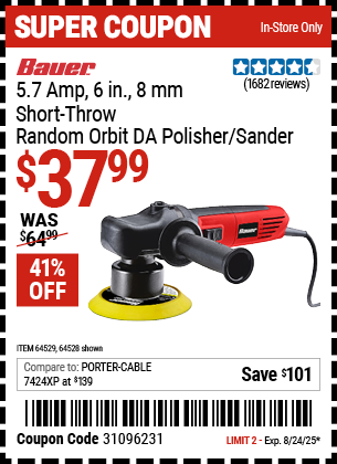 BAUER 5.7 Amp, 6 in., 8 mm Short-Throw Random Orbit DA Polisher/Sander