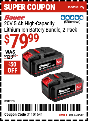 BAUER 20V 5 Ah High-Capacity Lithium-Ion Battery Bundle, 2-Pack