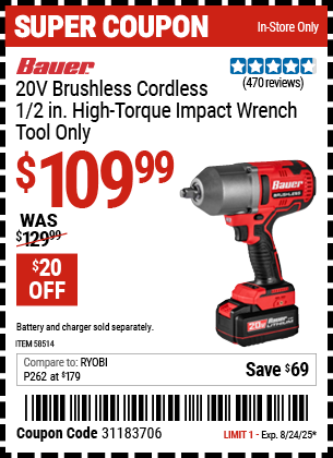 BAUER 20V Brushless Cordless, 1/2 in. High-Torque Impact Wrench - Tool Only