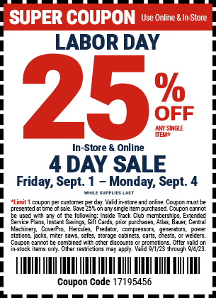 Harbor Freight's Members-Only 25% off Labor Day 2020 Coupon