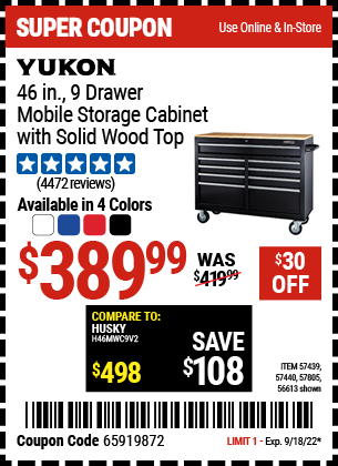 YUKON: 46 in. 9 Drawer Mobile Storage Cabinet with Solid Wood Top, Black