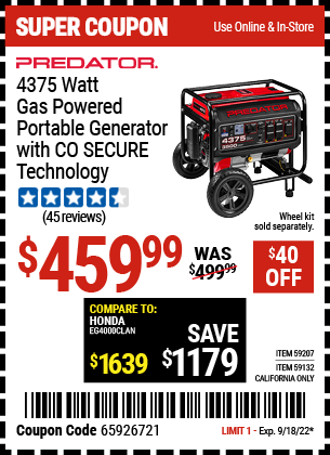 PREDATOR: 4375 Watt Gas Powered Portable Generator with CO SECURE Technology, EPA