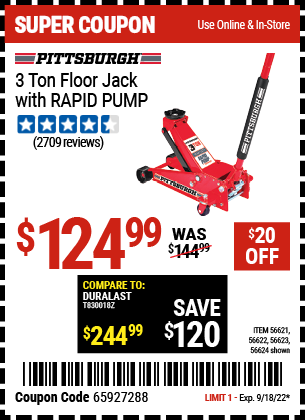 PITTSBURGH: 3 ton Floor Jack with RAPID PUMP
