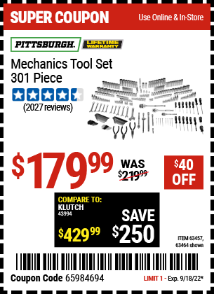 PITTSBURGH: Mechanics Tool Set, 301 Piece