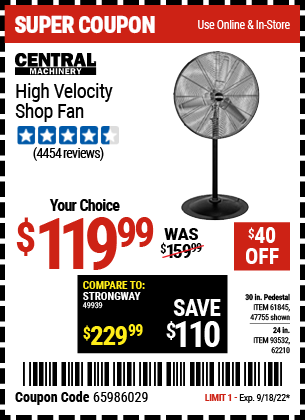CENTRAL MACHINERY: 30 in. Pedestal High Velocity Shop Fan