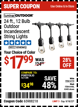 LUMINAR OUTDOOR: 24 ft., 12 Bulb Outdoor Incandescent String Lights, Black