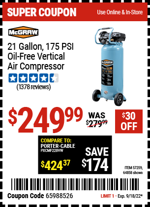 MCGRAW: 21 gallon 175 PSI Oil-Free Vertical Air Compressor