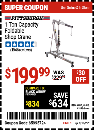 PITTSBURGH AUTOMOTIVE: 1 Ton Capacity Foldable Shop Crane
