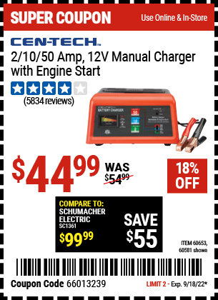 CEN-TECH: 2/10/50A 12V Manual Charger With Engine Start