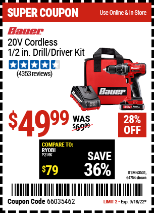 BAUER: 20V Cordless 1/2 in. Drill/Driver Kit