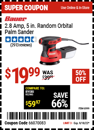 BAUER: 2.8 Amp, 5 in. Random Orbital Palm Sander