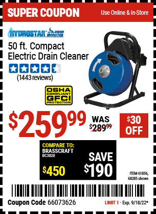 HYDROSTAR DRAINMONSTER: 50 Ft. Compact Electric Drain Cleaner