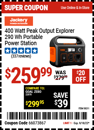 JACKERY: 400 Watt Peak Output Explorer 290Wh Portable Power Station