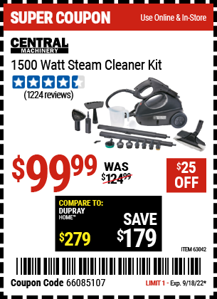 CENTRAL MACHINERY: 1500 Watt Steam Cleaner Kit