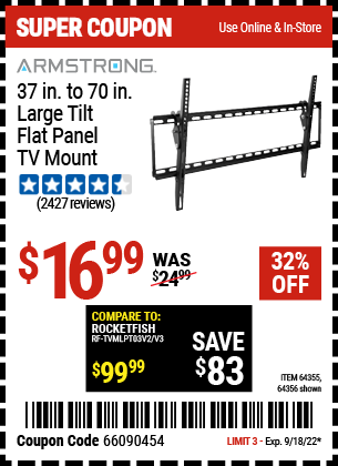 ARMSTRONG: 37 in. to 70 in. Large Tilt Flat Panel TV Mount