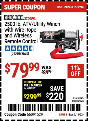 BADLAND ZXR: 2500 lb. ATV/Utility Winch with Wire Rope and Wireless Remote Control