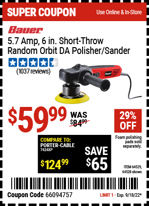 BAUER: 5.7 Amp 6 in. Short-Throw Random Orbit DA Polisher/Sander
